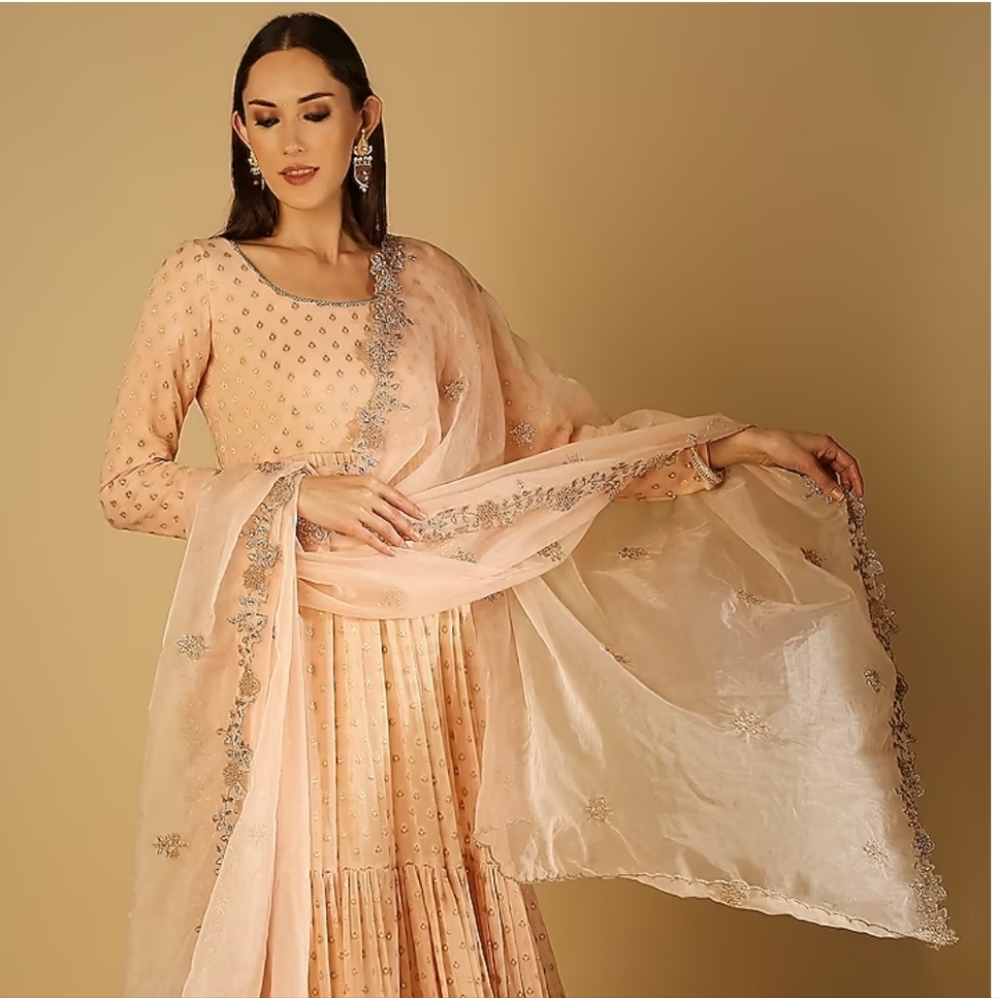 Peach Georgette Brocade Anarkali Set
